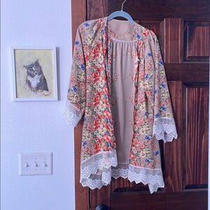 Floral Kimono with Lace Trim